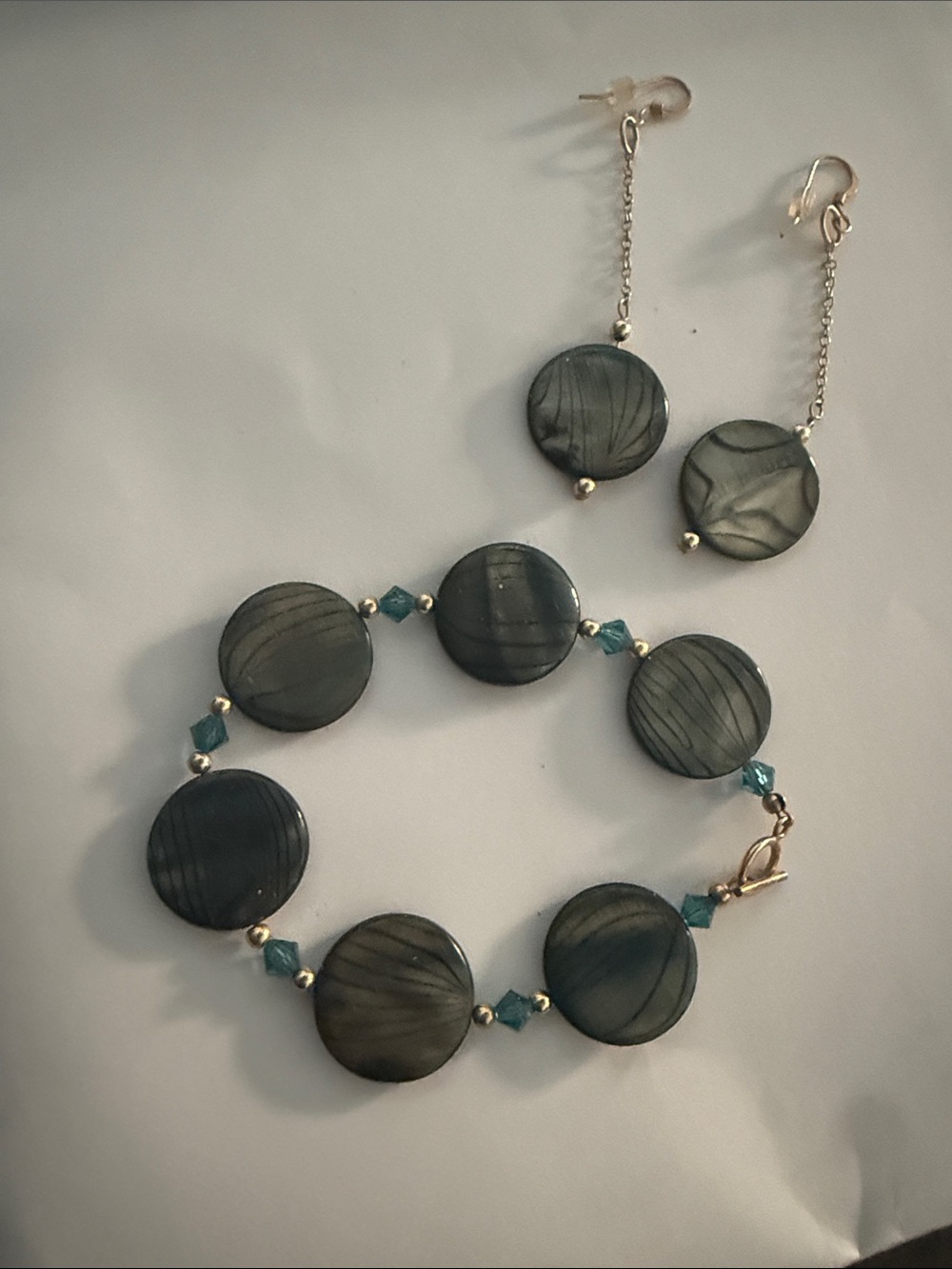 Handcrafted Dark Teal Mother-of-Pearl Disc Bracelet and Earrings Set